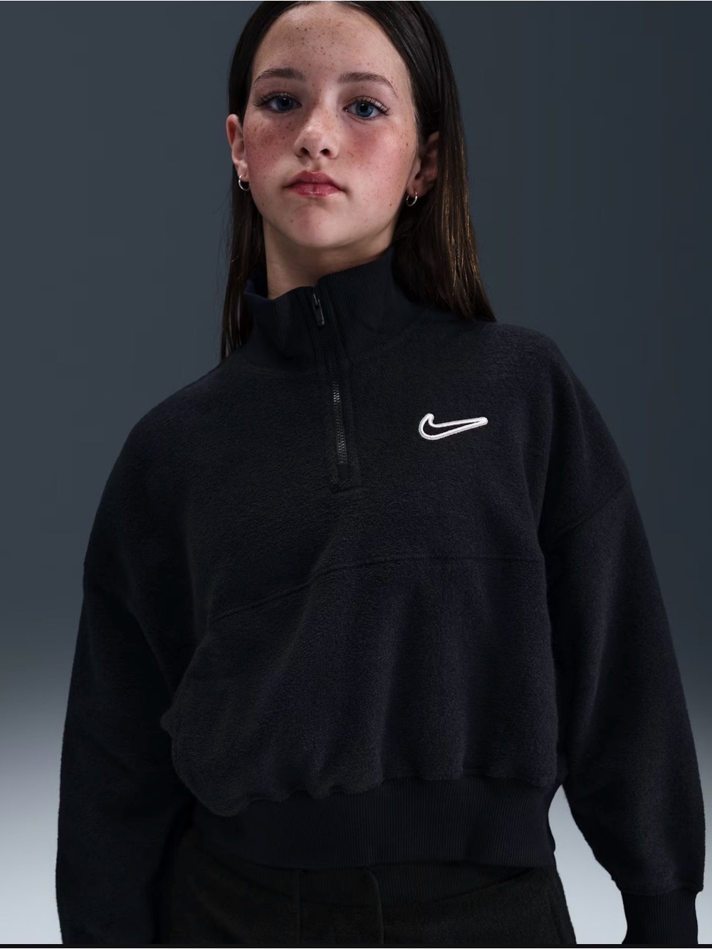 Nike Black Quarter-Zip Cropped Fleece Pullover with White Swoosh Big Girls XL